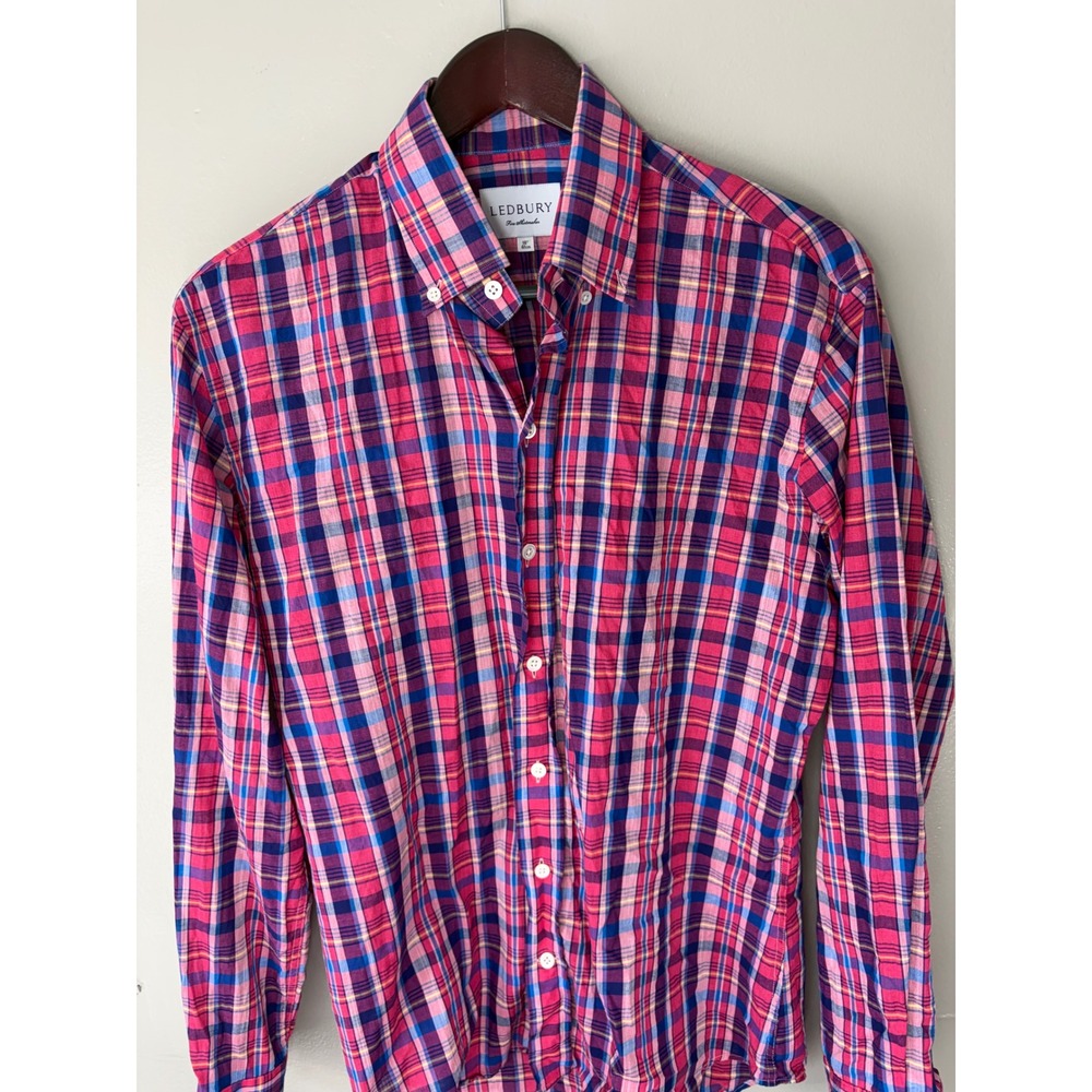 Ledbury Mens Pink Blue Plaid Button Down Shirt Long Sleeve 16 41cm